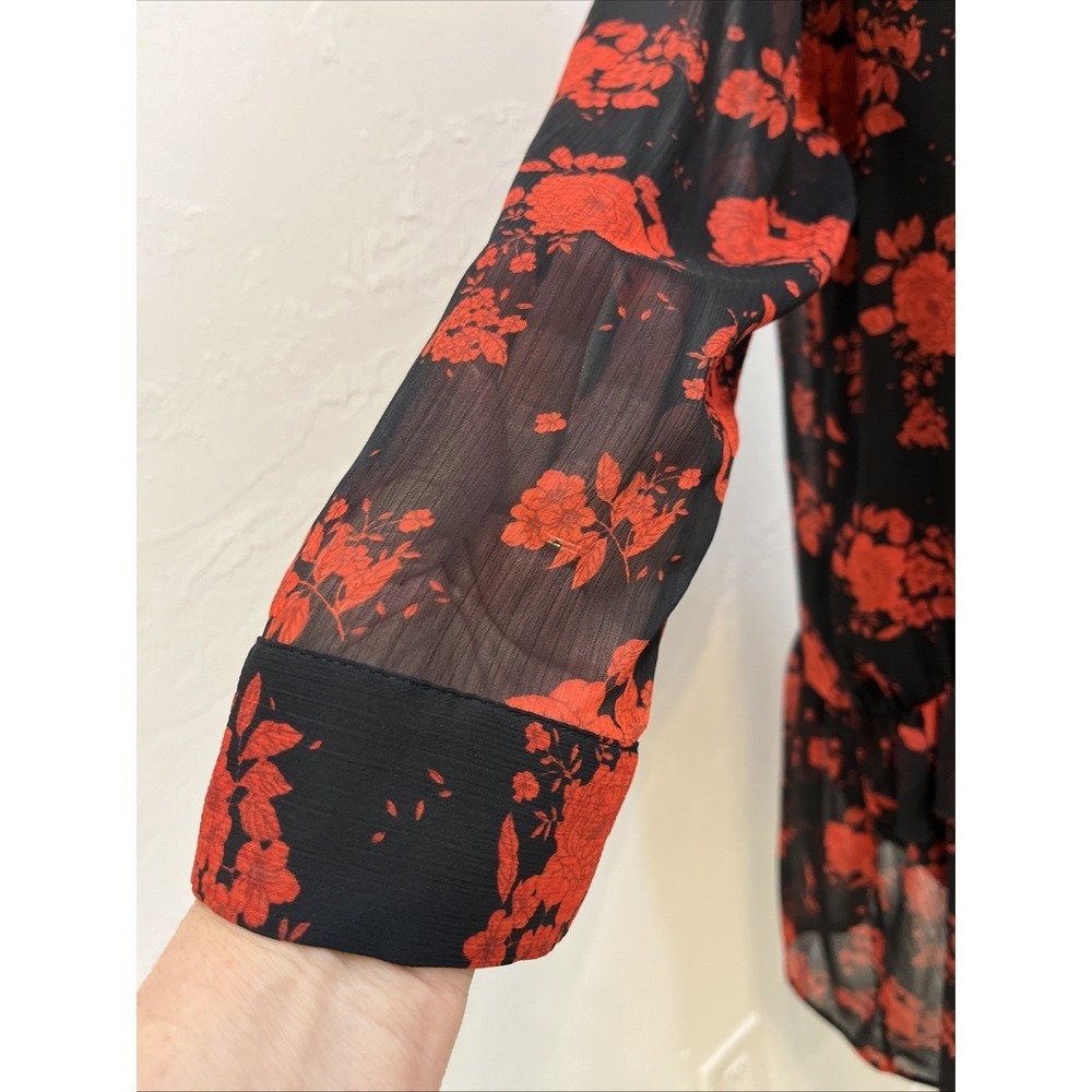 Zara Floral Mini Dress Womens L Black Red Rose Ruffle V-Neck Long Sleeve Good - Picture 8 of 11